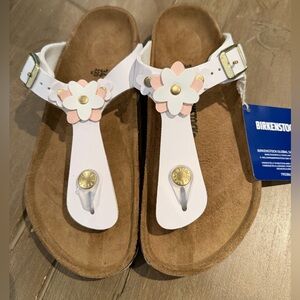 Birkenstock White Thong Sandals with Pink & White Floral Accents